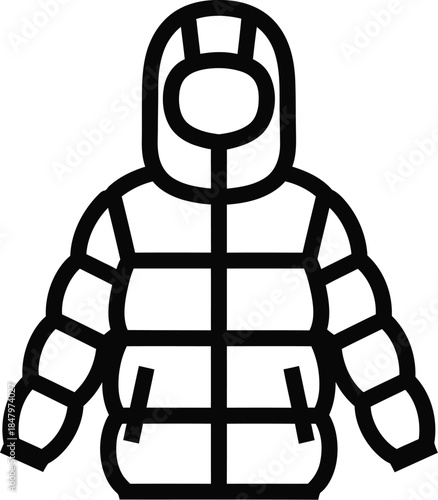 Hooded puffer jacket, down jacket, winter jacket vector illustration icon, silhouette. 