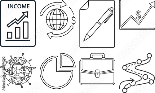 Business financial analysis and planning icons set on a white background illustrating business, finance, graph, document, and pencil