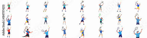 Collection of various tennis player illustrations serving the ball, showing different action poses and movements isolated on white background.