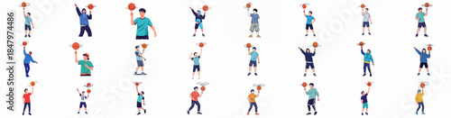 Basketball spinning trick collection: Young athletes and boys demonstrating skill, balance, and street sport mastery in various poses.