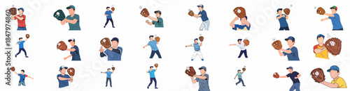 Collection of Baseball Players Fielding and Catching the Ball with Gloves, Vector Illustration Set of Athletes in Various Action Poses on White Background.