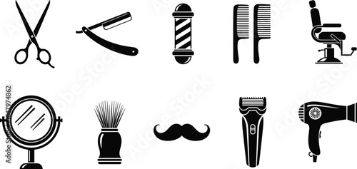Barber shop tools silhouette illustration set showing grooming equipment, hairdressing accessories and classic barbershop symbols in simple black vector design