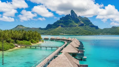 Tropical Paradise: Overwater bungalows and a volcanic mountain dominate this scenic view of a tropical island, the crystal-clear turquoise waters and a bright blue sky beckon.