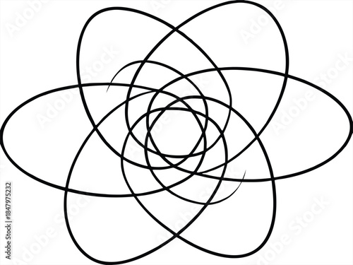 Minimalist black atom symbol isolated on a white background featuring a modern 3d technology style vector illustration with clean circular lines and a geometric pattern for web design decoration.