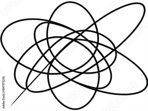 Minimalist black atom symbol isolated on a white background featuring a modern 3d technology style vector illustration with clean circular lines and a geometric pattern for web design decoration.