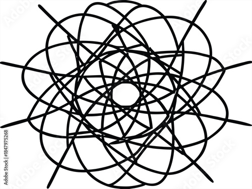 Vector illustration of a nuclear atom symbol isolated on a white background featuring a molecular electron pattern for science and physics technology design.