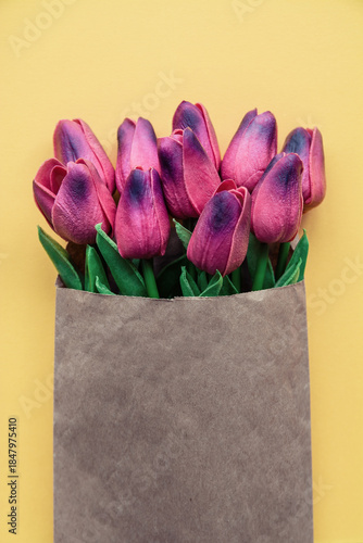 Fresh Tulips flowers background, banner, flyer. Floral poster card frame typography design photo. Template for advertising, social media, web with space for text