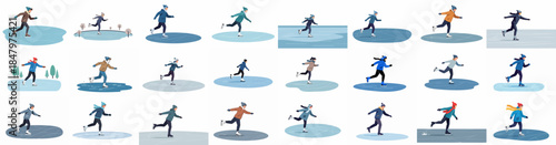 Collection of diverse characters ice skating in various dynamic poses, enjoying winter sports and recreational activity on frozen surfaces.