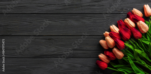 Fresh Tulips flowers background, banner, flyer. Floral poster card frame typography design photo. Template for advertising, social media, web with space for text