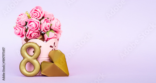 Figure 8, eight  and flowers background. Birthday card International Women’s Day poster, frame banner, template layout typography design for advertising, web, social media. 