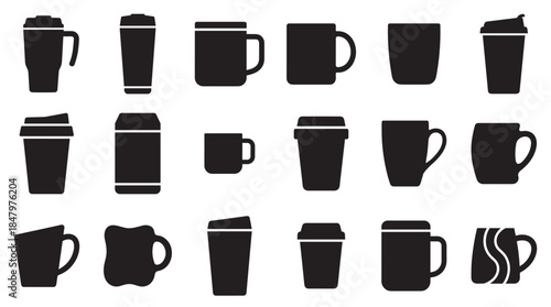 Large collection of black coffee mug and travel cup silhouettes in various shapes and sizes, presented as a minimalist vector icon set for graphic design and beverage concepts