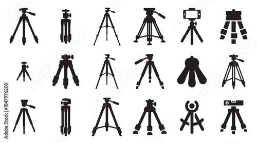 Large collection of black tripod silhouettes and camera stand icons in various styles, showcasing different designs for photography and video equipment in a minimalist graphic set