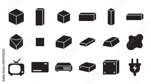 Set of black minimalist graphic icons featuring geometric shapes like cubes and boxes, plus electronic symbols like a television and power plug, designed in a simple vector style