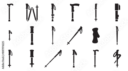 Various walking stick, cane, and trekking pole icons presented as a large collection of black silhouettes for mobility, hiking, and outdoor recreation concepts