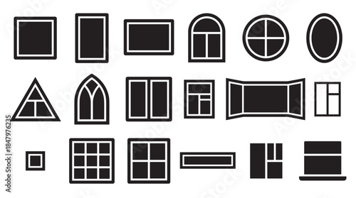 Large collection of black window icons in various shapes and styles, including square, arched, round, and gothic designs, presented as a minimalist graphic design element set