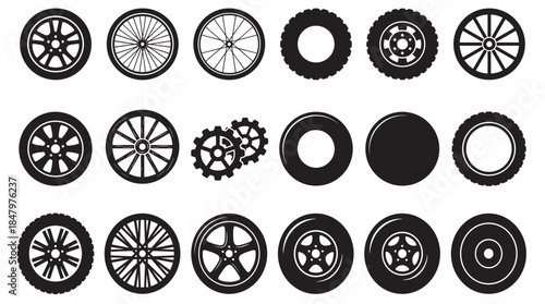 Large collection of black wheel icons showing various types of car tires, bicycle wheels, alloy rims, classic wagon wheels, and mechanical gears in a flat graphic silhouette style