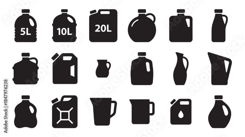 Collection of black silhouette icons depicting various liquid containers, including plastic bottles, canisters, jugs, and pitchers, presented in a clean graphic vector illustration style