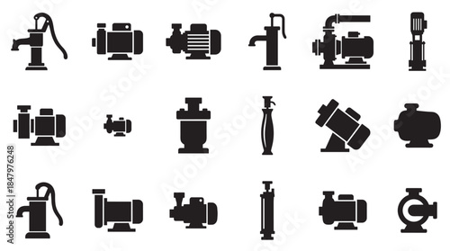 Set of black water pump icons showing various types of electric and manual equipment for plumbing and irrigation systems in a flat silhouette vector style collection