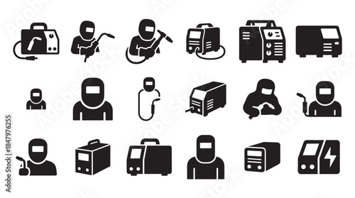 Set of black silhouette welding equipment icons showing a welder, machine, protective mask, and torch for industrial and construction concepts