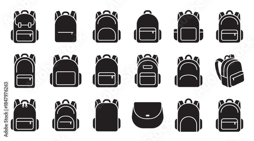 Set of black backpack icons showing various school bag and rucksack designs in a simple minimalist glyph style, a collection of silhouette pictograms for travel