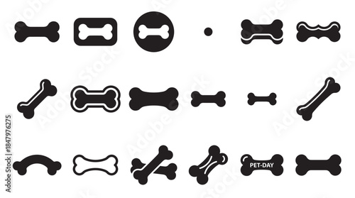 Set of black dog bone icons in various styles and shapes for pet-related design projects, including solid, outline, and crossed bone symbols for animal food or veterinary concepts