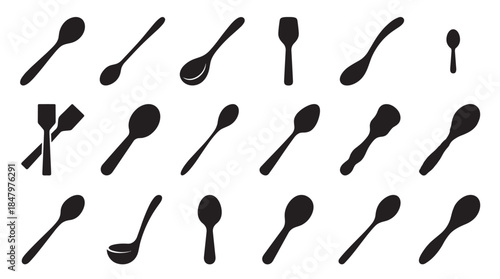 Black kitchen spoon and spatula silhouettes set in various shapes and sizes, a minimalist graphic icon collection for cooking and dining concepts