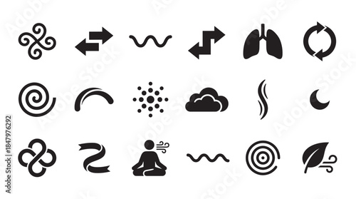 Collection of black minimalist glyph icons representing air, breath, wind, and flow concepts, featuring a versatile vector set with symbols for meditation, lungs, and weather