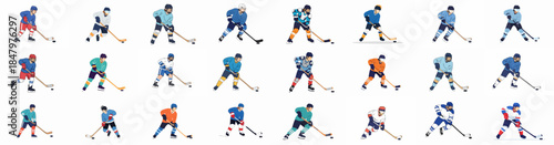 Flat vector illustration set featuring numerous ice hockey players in action, wearing diverse team jerseys, skating, dribbling, and controlling the puck.
