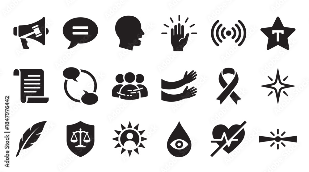 Fototapeta premium Collection of black glyph icons representing human rights, social justice, communication, and community support in a clean, minimalist vector style for various design concepts