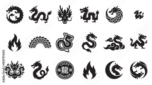 Collection of black dragon icons in various Asian styles, including circular emblems, serpentine creatures, mythical beasts, and flame symbols for graphic design and cultural representation