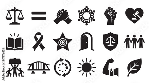 Collection of black glyph icons representing social justice, equality, human rights, and community support in a minimalist flat vector style for various design concepts