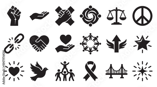 Collection of black glyph icons symbolizing unity, justice, peace, and freedom, including a raised fist, a dove, clasped hands, a broken chain, and an awareness ribbon