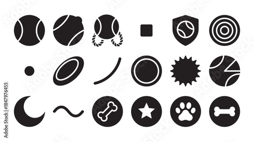 Set of black glyph icons representing pet toys and abstract shapes, including a tennis ball, bone, paw print, star, and target, in a clean minimalist vector graphic style