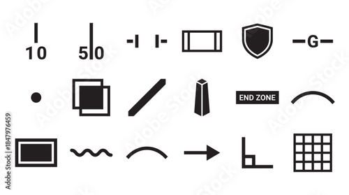 Set of black American football coaching symbols for diagramming plays and strategy, featuring icons for players, formations, routes, and field markings in a minimalist graphic style