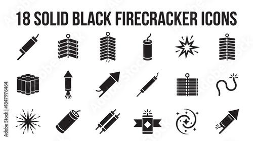 Set of solid black firecracker icons in a simple glyph style, featuring various pyrotechnic elements like rockets, explosives, sparks, and fuses for festive celebrations