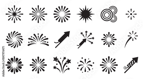 Set of black firework icons showing various celebratory bursts, rockets, and star shapes in a simple, flat graphic vector style for holiday and event design elements