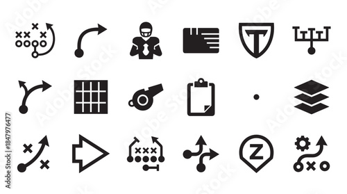 Black solid icons set for sports coaching and business strategy, featuring American football playbook diagrams, directional arrows, a player, a clipboard, and other planning symbols