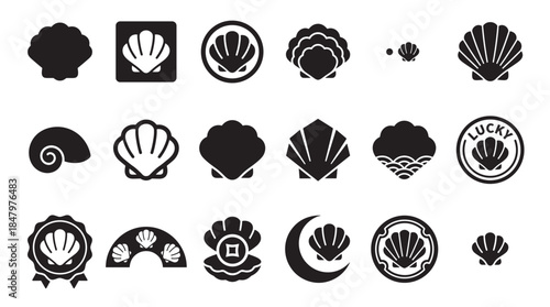 Collection of black seashell icons and scallop symbols in various minimalist graphic styles, including silhouettes, emblems, and decorative elements for logo or design concepts
