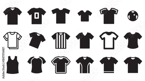 Diverse set of black sport shirt icons and athletic jersey silhouettes arranged in a collection, showcasing various apparel designs for team uniforms and athletic competition