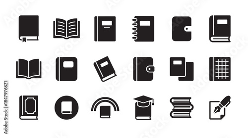 Collection of black book icons representing education, learning, and literature in a minimalist glyph set with symbols for notebooks, reading, writing, and library knowledge