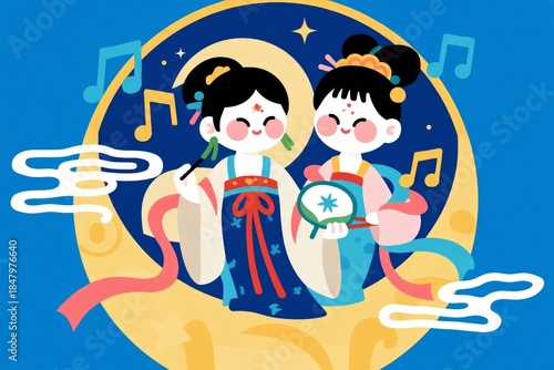 Two traditionally dressed figures holding musical instruments and fans, set against a crescent moon with musical notes and clouds.
