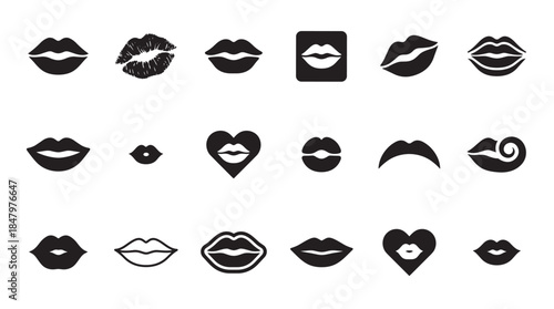 Collection of black lip icons and silhouettes in various graphic styles, including a lipstick kiss print, a heart shape, and simple mouth forms representing love and romance