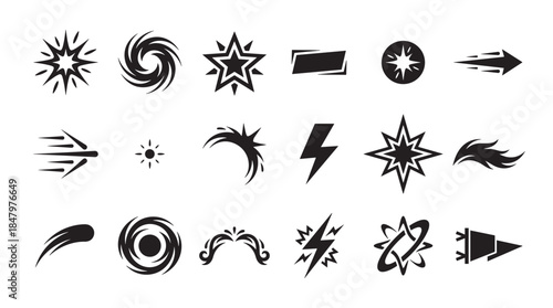 Set of black graphic comic book style icons showing explosions, speed, and energy effects like stars, lightning bolts, swirls, and motion lines for dynamic visual design
