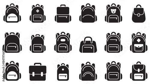 Large collection of black backpack icons shows various styles of school bags, rucksacks, and satchels in a simple glyph set for graphic design or educational concepts