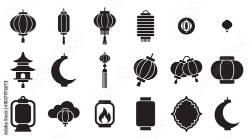 Collection of black Asian lantern icons in various shapes and styles, including a pagoda, crescent moon, and other traditional symbols for festive cultural celebrations