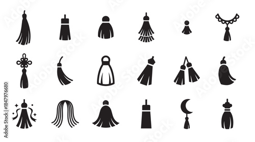 Collection of black tassel icons and decorative fringe silhouettes showing various styles of knots, charms, and hanging ornaments in a minimalist graphic design set