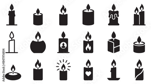 Large set of black candle icons in a simple flat silhouette style, featuring various burning wax shapes for themes of remembrance, spirituality, romance, and celebration