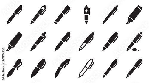 Collection of black pen and marker icons showing various writing instruments in a simple silhouette style for graphic design and user interface elements