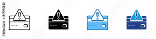 Payment Warning Multiple Style Icon Design Vector - Credit card with alert symbol representing payment issues, transaction risk, or billing problems
