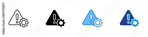 System Alert Multiple Style Icon Design Vector - Warning symbol with gear representing system issues, technical problems, or configuration alerts